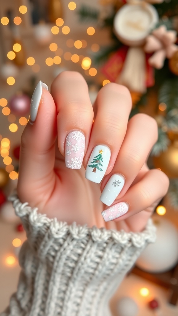 Coquette winter Christmas nail art with pastel colors, snowflakes, and glitter in a festive setting.